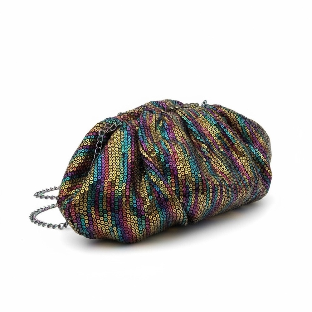 Betsey Johnson Rainbow Sequin Kisslock Clutch w/Rhinestones Pink Satin RARE! EUC